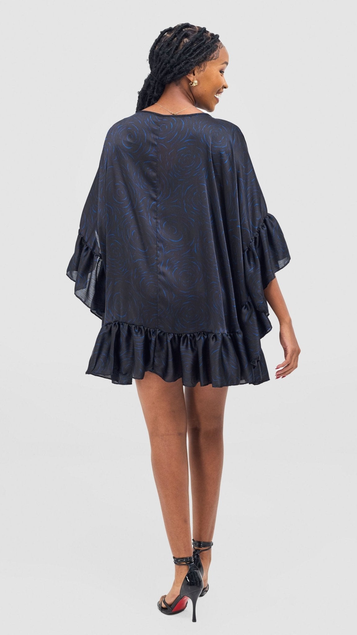 Vivo Chidii Tunic Dress With Frills - Black / Blue Print - Shopzetu