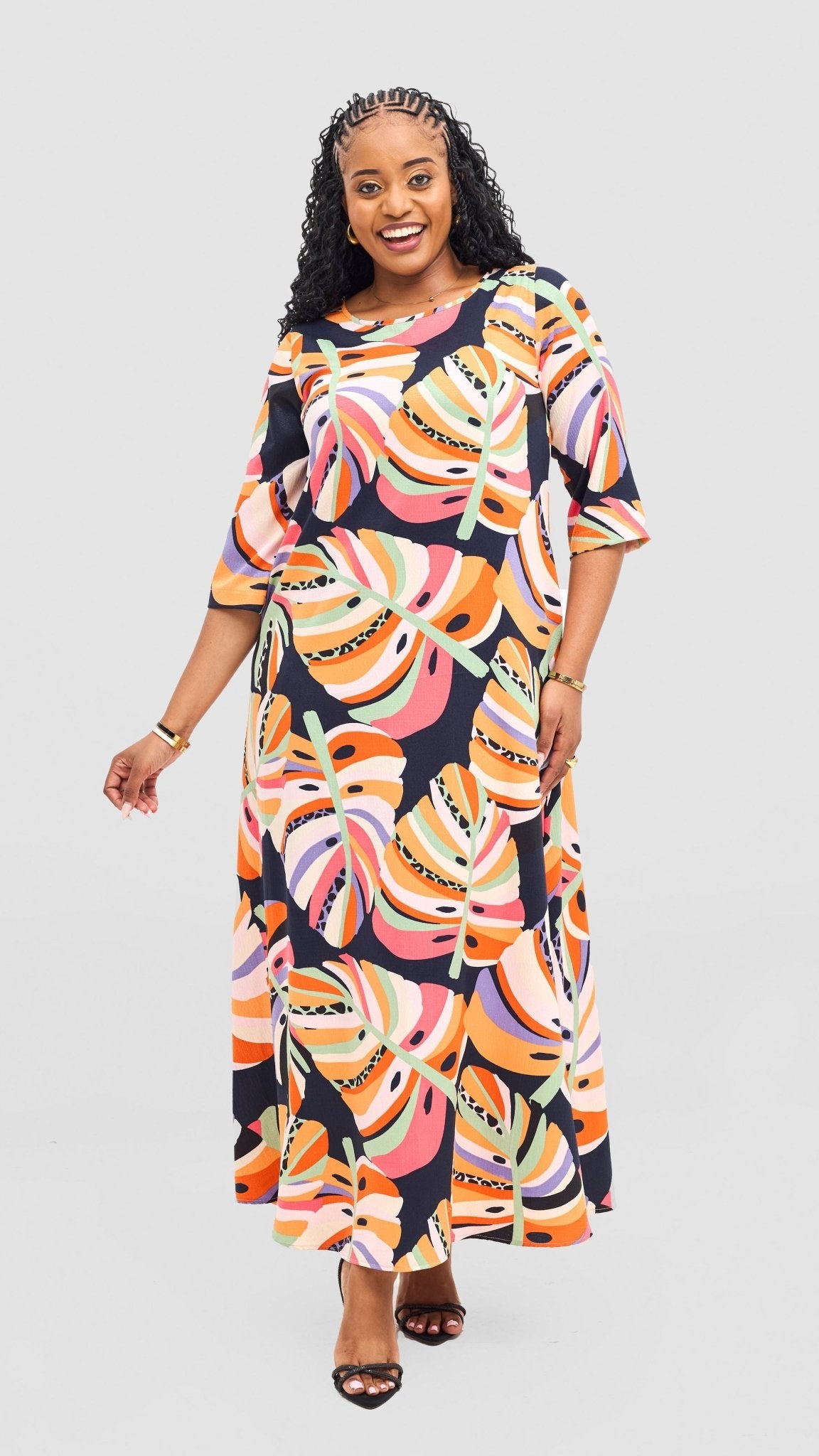 Vivo Maisha 3/4 Sleeve Maxi Dress - Multicolour Print - Shopzetu
