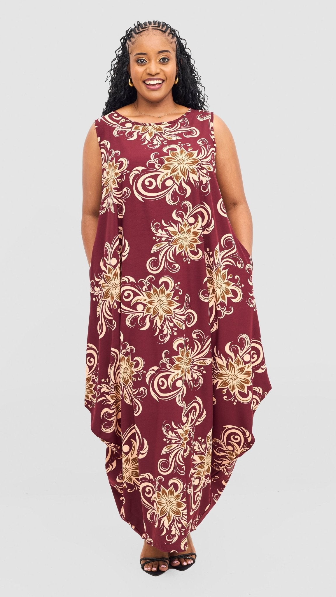 Vivo Seli Maxi Dress - Maroon / Olive Print - Shopzetu