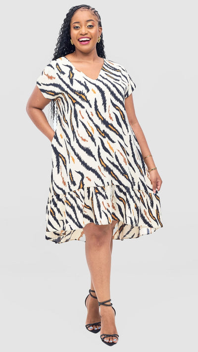 Vivo Asha Drop Shoulder Knee Length Dress - Cream / Mustard Avi Print - Shopzetu