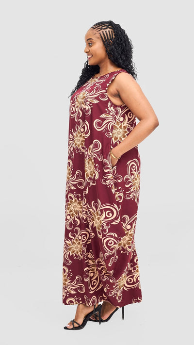 Vivo Seli Maxi Dress - Maroon / Olive Print - Shopzetu