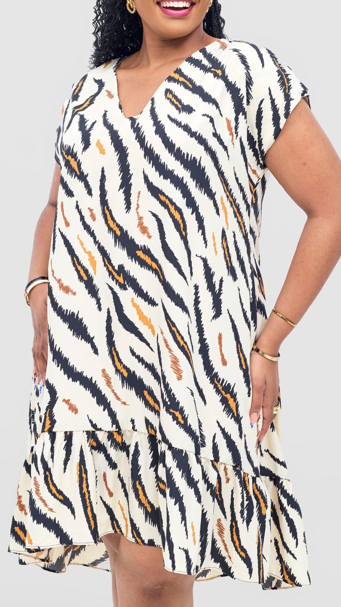 Vivo Asha Drop Shoulder Knee Length Dress - Cream / Mustard Avi Print - Shopzetu