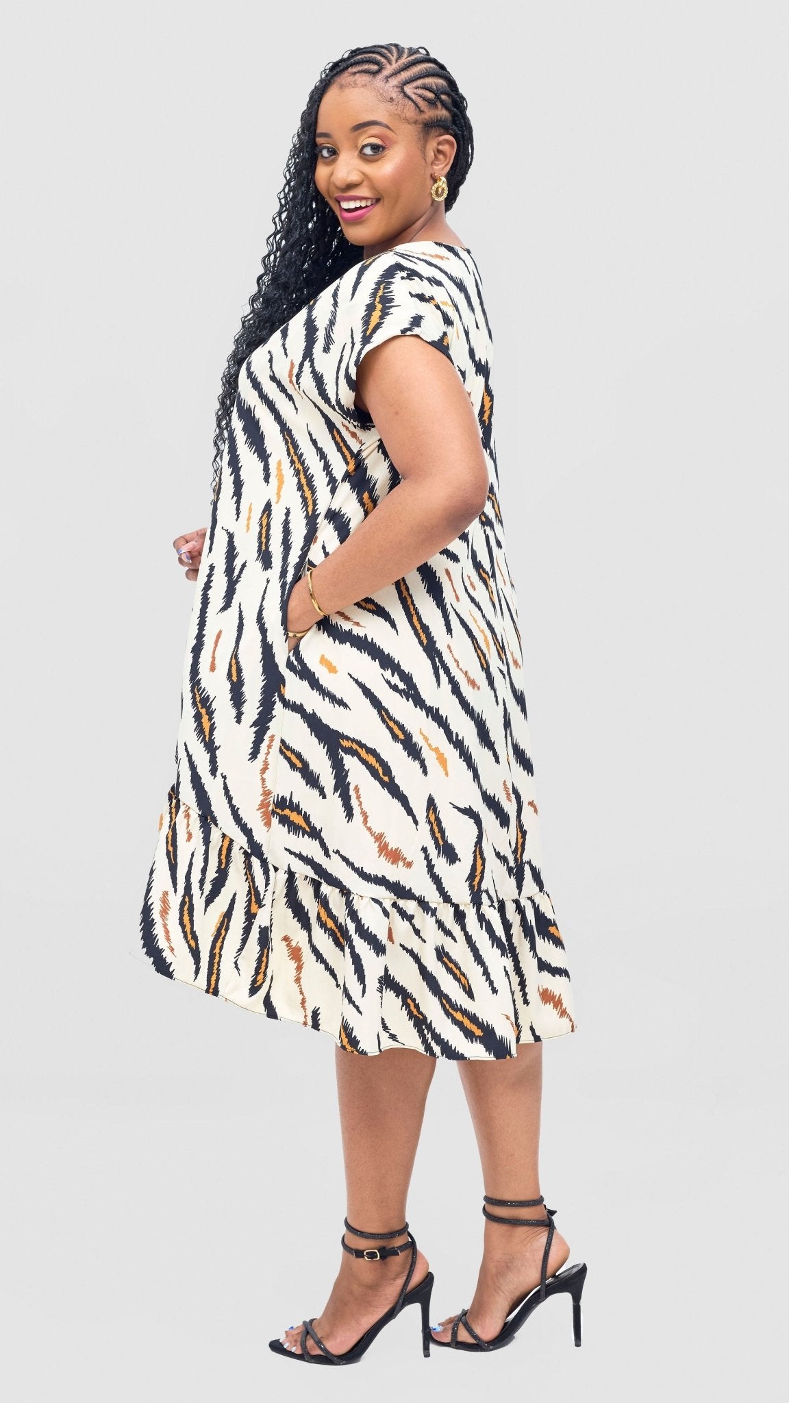 Vivo Asha Drop Shoulder Knee Length Dress - Cream / Mustard Avi Print - Shopzetu