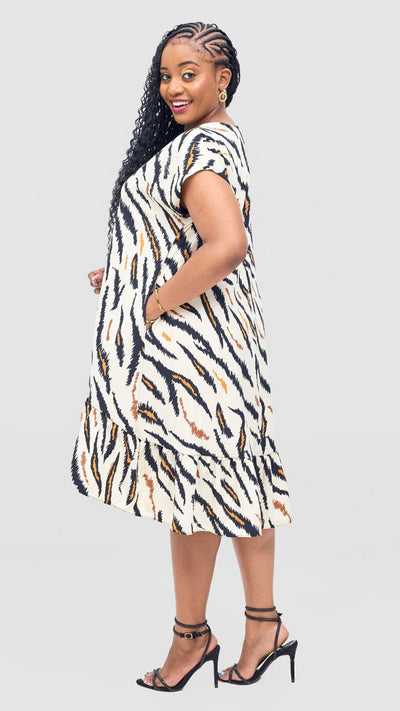 Vivo Asha Drop Shoulder Knee Length Dress - Cream / Mustard Avi Print - Shopzetu