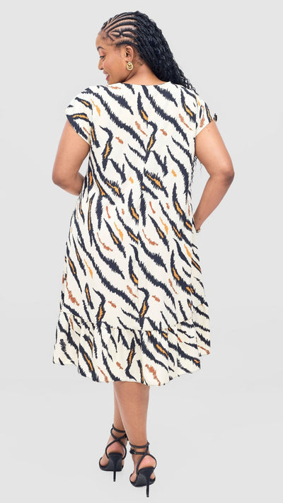 Vivo Asha Drop Shoulder Knee Length Dress - Cream / Mustard Avi Print - Shopzetu