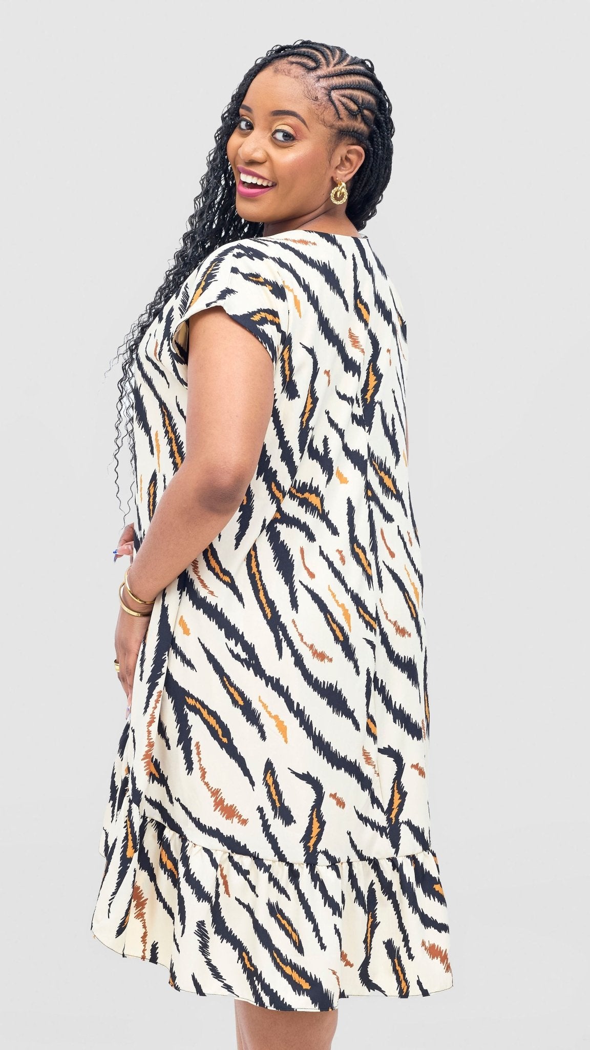 Vivo Asha Drop Shoulder Knee Length Dress - Cream / Mustard Avi Print - Shopzetu