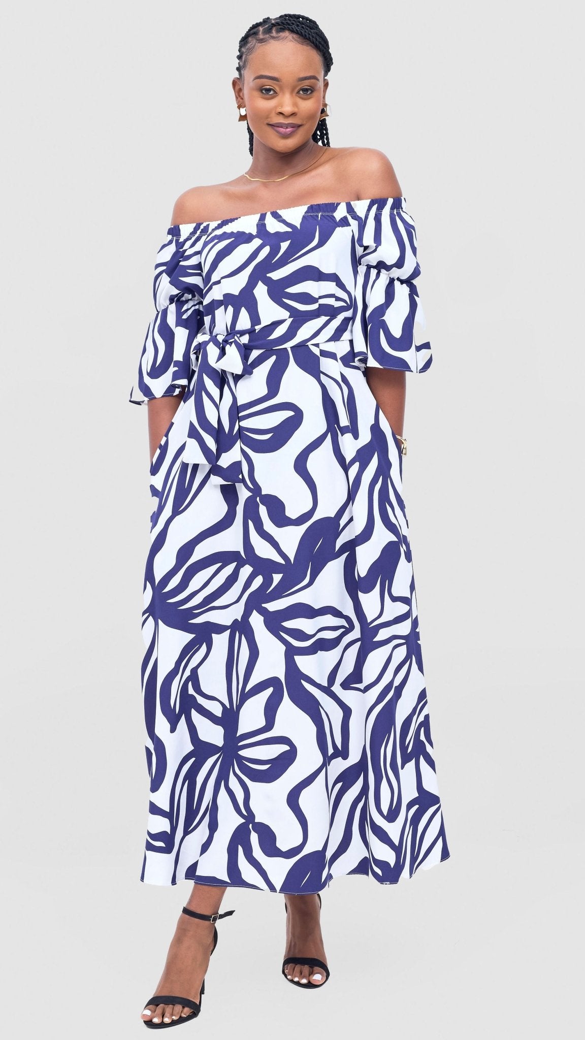 Vivo Tana Off Shoulder Maxi Dress - White / Purple Dana Print - Shopzetu
