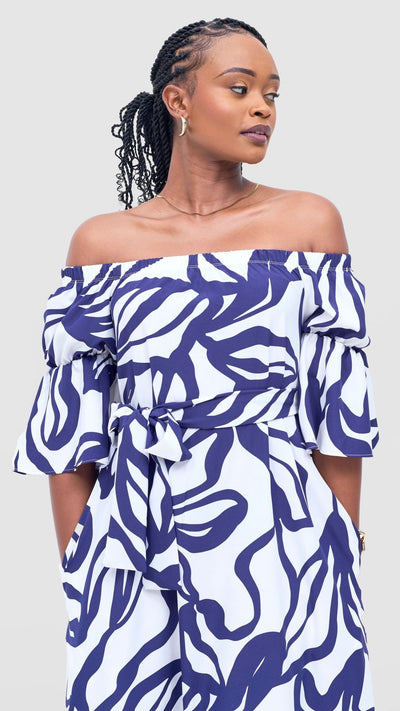 Vivo Tana Off Shoulder Maxi Dress - White / Purple Dana Print - Shopzetu