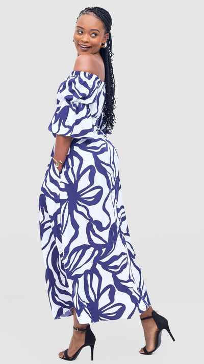 Vivo Tana Off Shoulder Maxi Dress - White / Purple Dana Print - Shopzetu