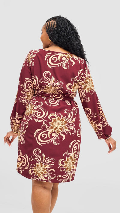 Vivo Zawadi Shift Dress - Maroon / Peach Print - Shopzetu