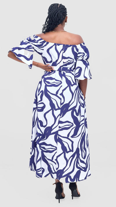 Vivo Tana Off Shoulder Maxi Dress - White / Purple Dana Print - Shopzetu