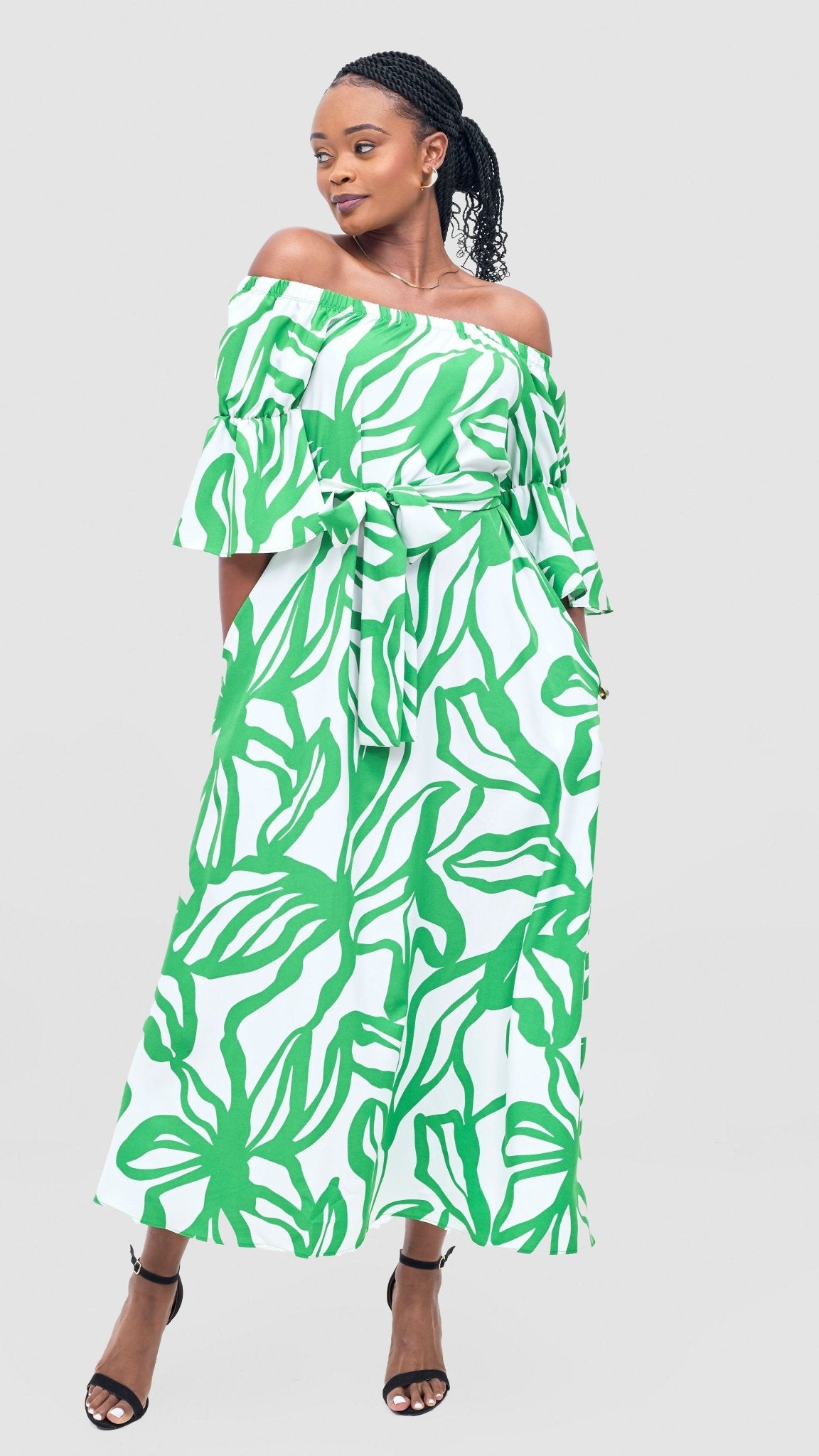 Vivo Tana Off Shoulder Maxi Dress - White / Green Dana Print - Shopzetu