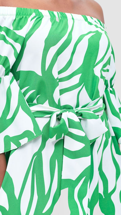 Vivo Tana Off Shoulder Maxi Dress - White / Green Dana Print - Shopzetu