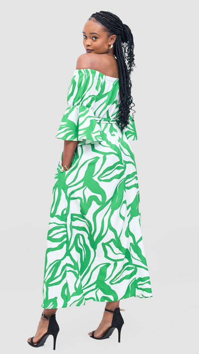 Vivo Tana Off Shoulder Maxi Dress - White / Green Dana Print - Shopzetu