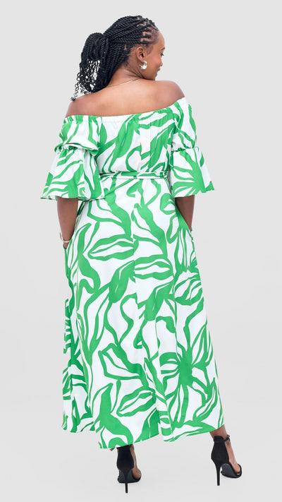 Vivo Tana Off Shoulder Maxi Dress - White / Green Dana Print - Shopzetu