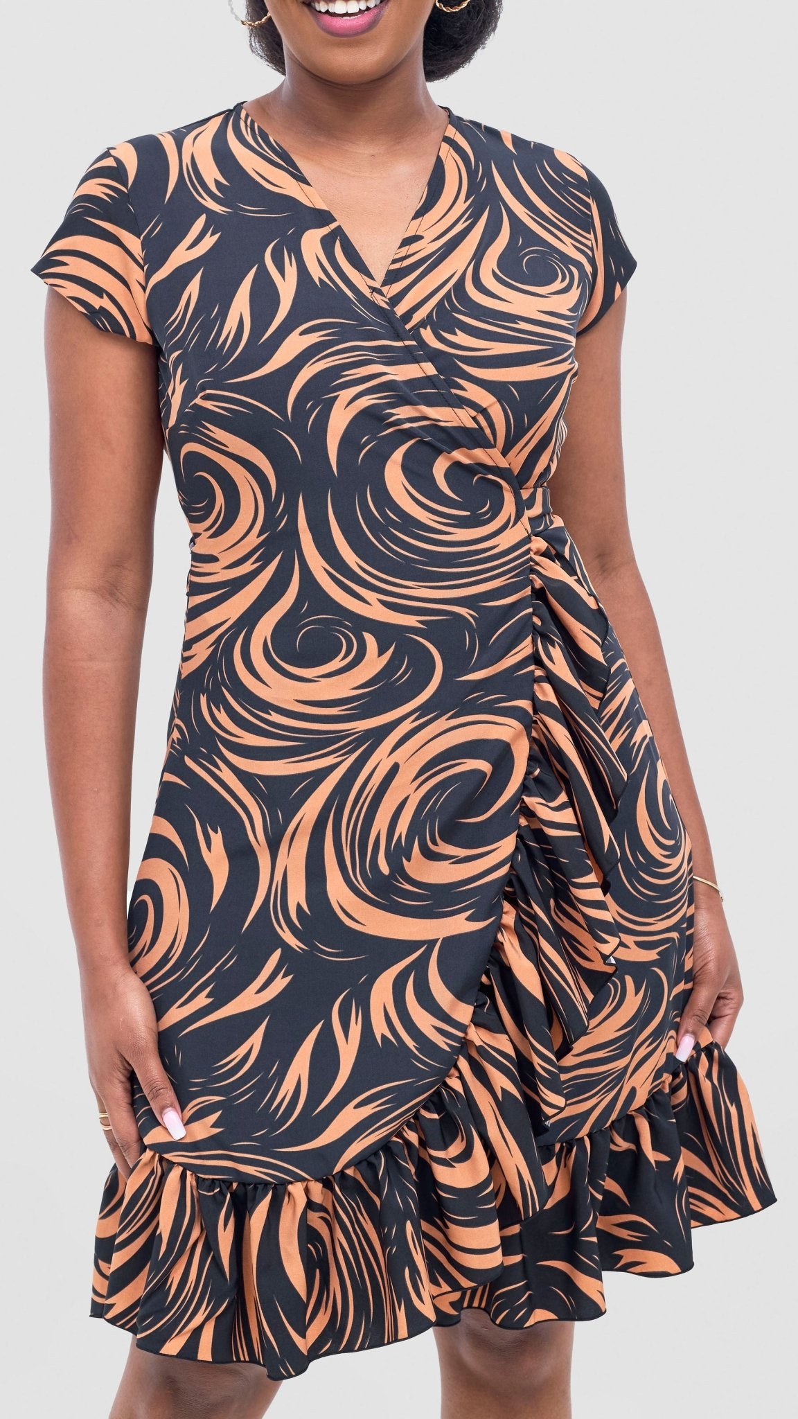 Vivo Nasinka Wrap Dress - Black / Rust Naka Print - Shopzetu