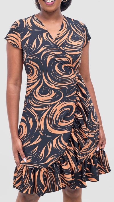 Vivo Nasinka Wrap Dress - Black / Rust Naka Print - Shopzetu