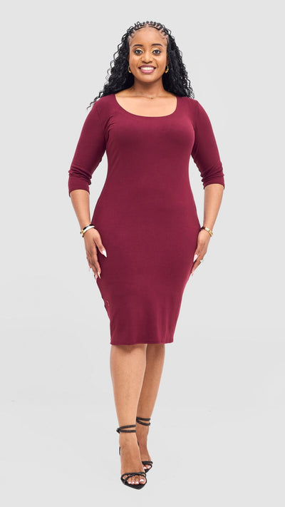 Vivo Basic 3/4 Sleeve Leila Bodycon Dress - Maroon - Shopzetu