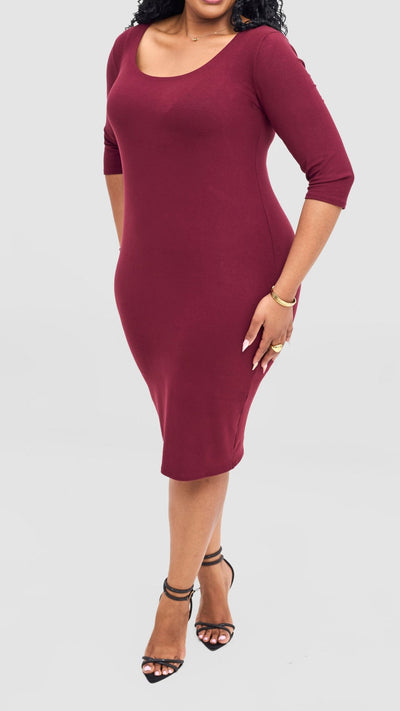 Vivo Basic 3/4 Sleeve Leila Bodycon Dress - Maroon - Shopzetu