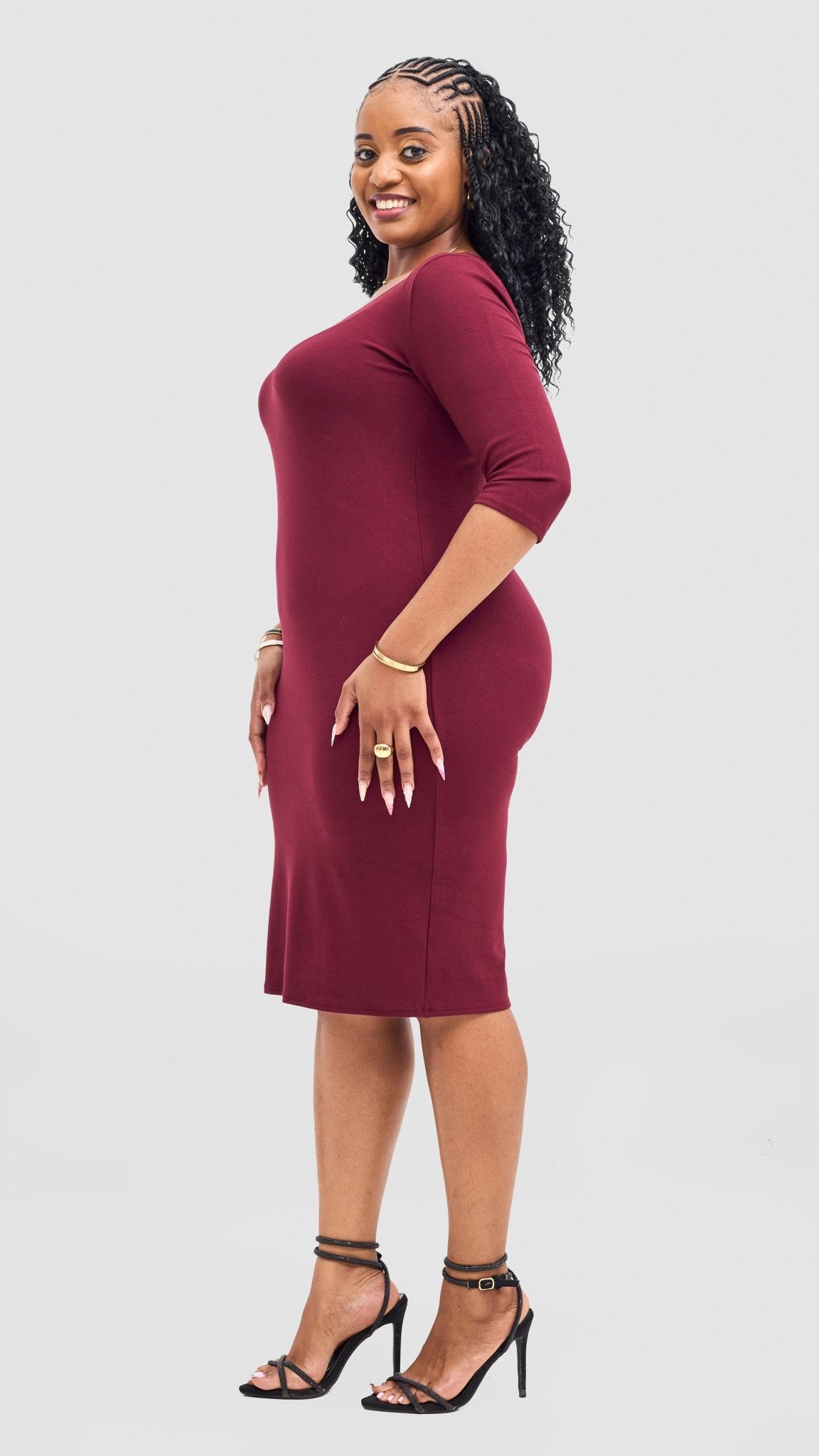 Vivo Basic 3/4 Sleeve Leila Bodycon Dress - Maroon - Shopzetu