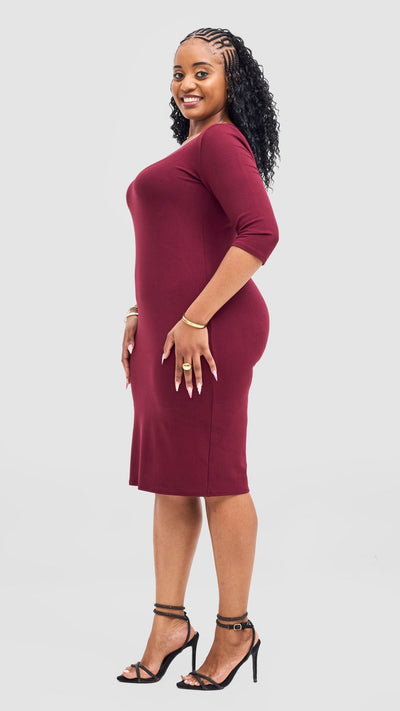 Vivo Basic 3/4 Sleeve Leila Bodycon Dress - Maroon - Shopzetu