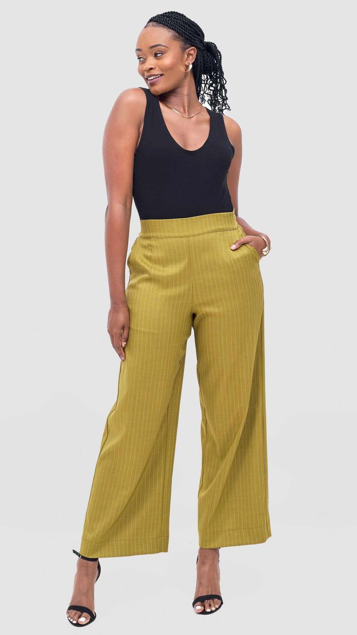 Vivo Niari Full Length Pants - Olive Pinstripes - Shopzetu