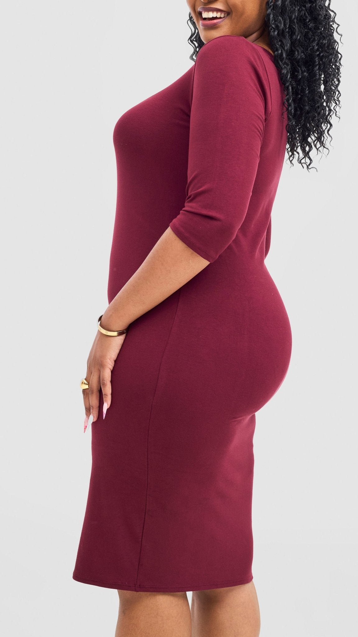 Vivo Basic 3/4 Sleeve Leila Bodycon Dress - Maroon - Shopzetu