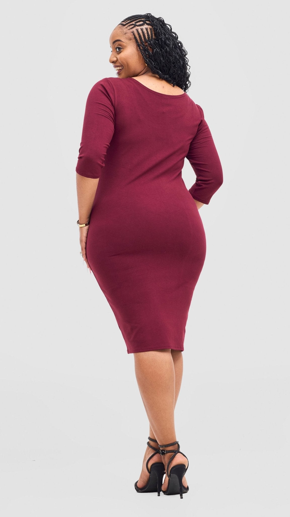 Vivo Basic 3/4 Sleeve Leila Bodycon Dress - Maroon - Shopzetu