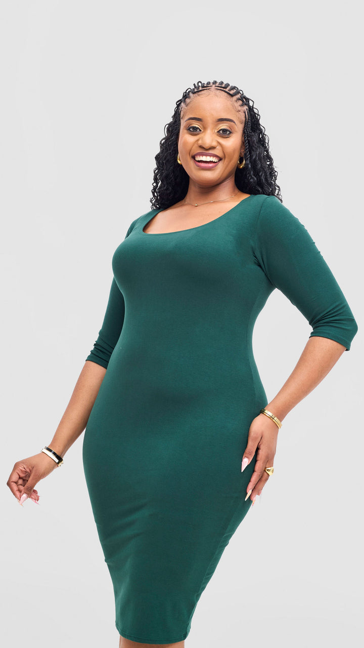 Vivo Basic 3/4 Sleeve Leila Bodycon Dress- Dark Green