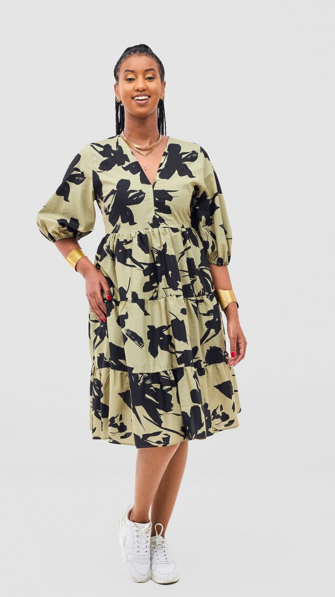 Safari Naledi Bishop Sleeve Tiered Dress - Olive / Black Wia Print - Shopzetu