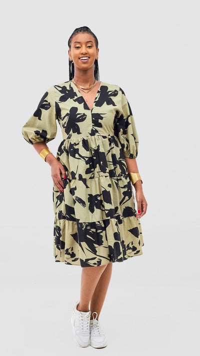 Safari Naledi Bishop Sleeve Tiered Dress - Olive / Black Wia Print - Shopzetu