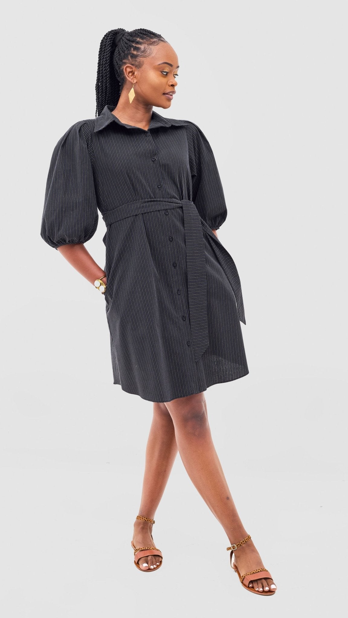 Safari Naledi 3/4 Sleeve Tent Dress - Navy Pinstripes Print - Shopzetu