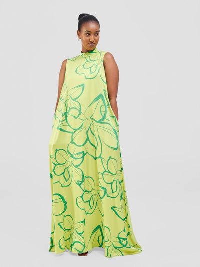 Vivo Thando Mock Neck Maxi Dress - Lime / Sea Green Ruvu Print - Shopzetu