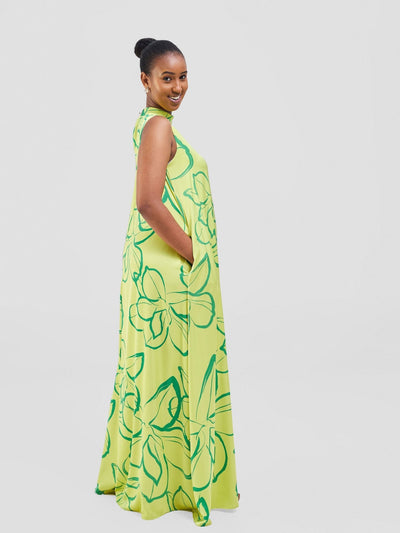 Vivo Thando Mock Neck Maxi Dress - Lime / Sea Green Ruvu Print - Shopzetu
