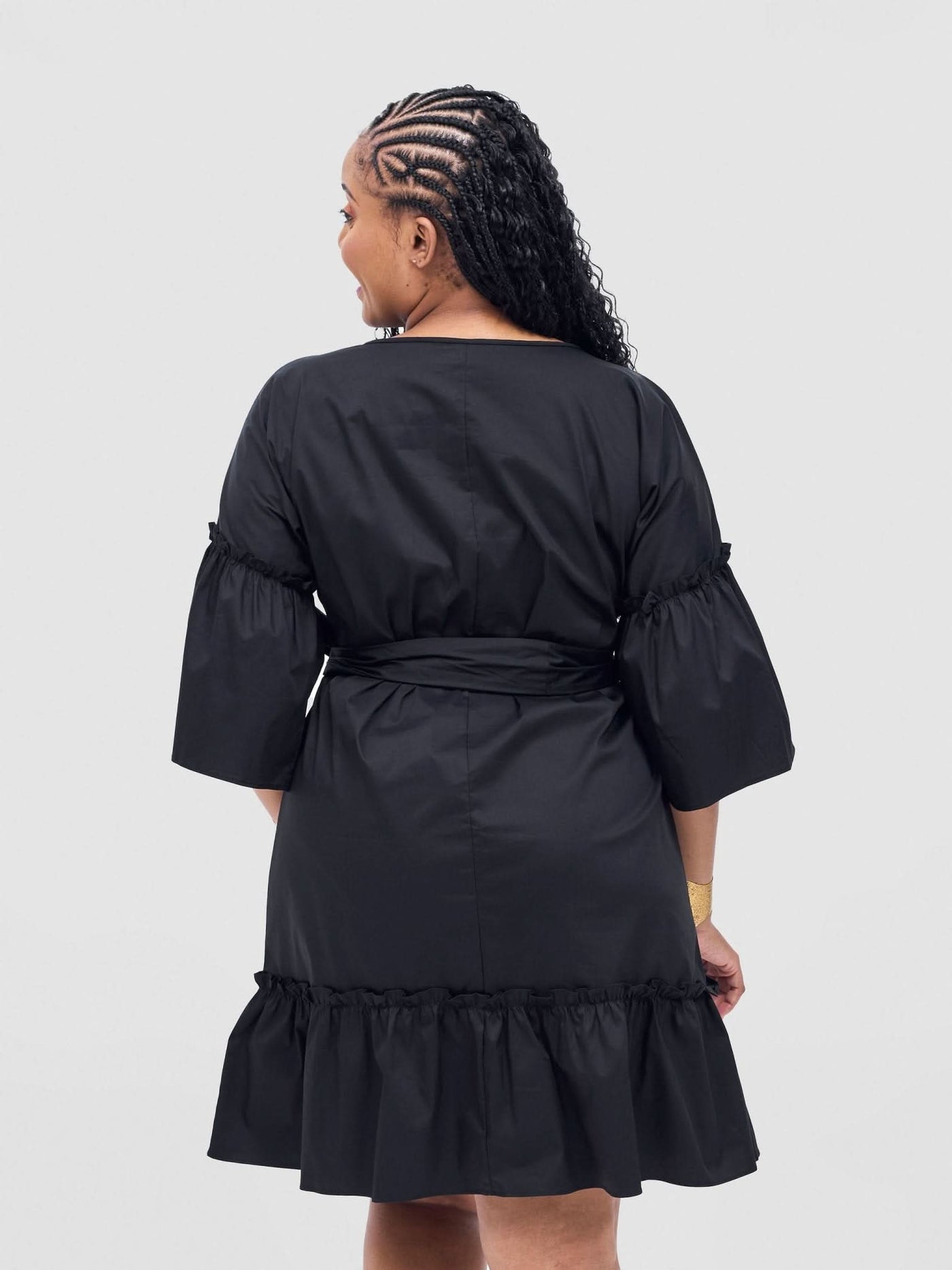Safari Tawi Shirt Collar Bishop Sleeve Tiered Dress - Black - Shopzetu