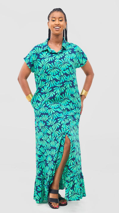 Vivo Maisha Drop Shoulder Maxi Dress - Lime / Navy Mai Print - Shopzetu