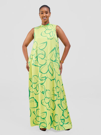 Vivo Thando Mock Neck Maxi Dress - Lime / Sea Green Ruvu Print - Shopzetu