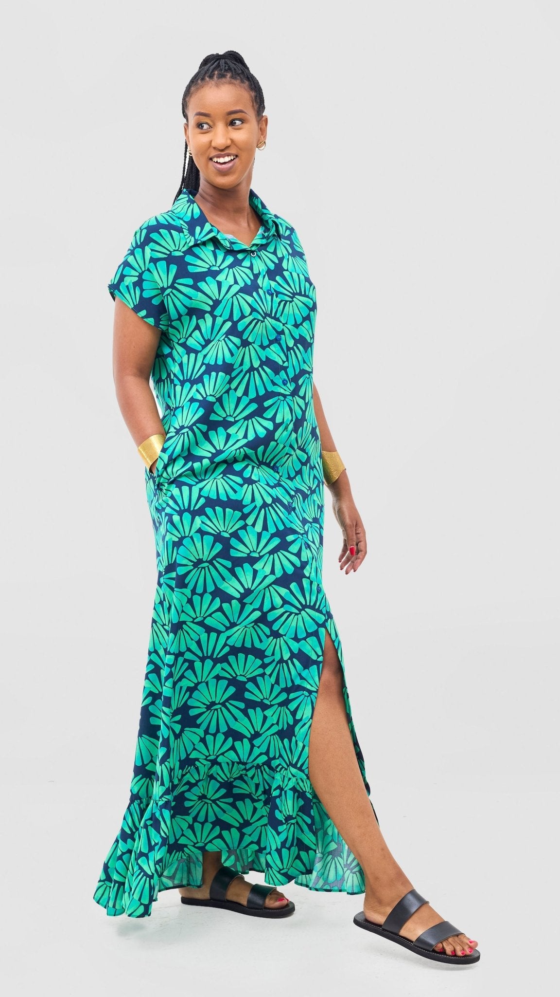 Vivo Maisha Drop Shoulder Maxi Dress - Lime / Navy Mai Print - Shopzetu