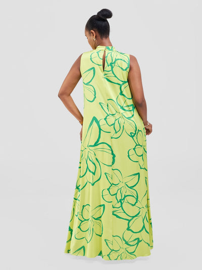 Vivo Thando Mock Neck Maxi Dress - Lime / Sea Green Ruvu Print - Shopzetu