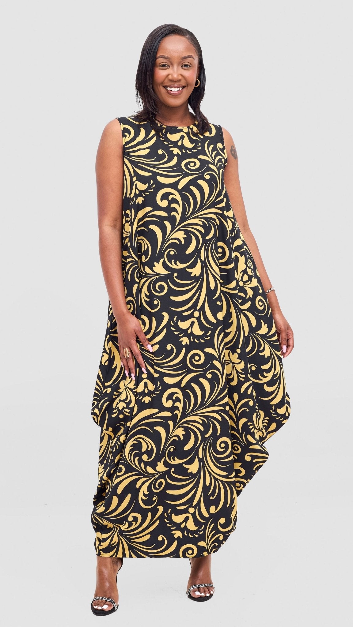 Vivo Seli Maxi Dress - Black / Olive Print - Shopzetu