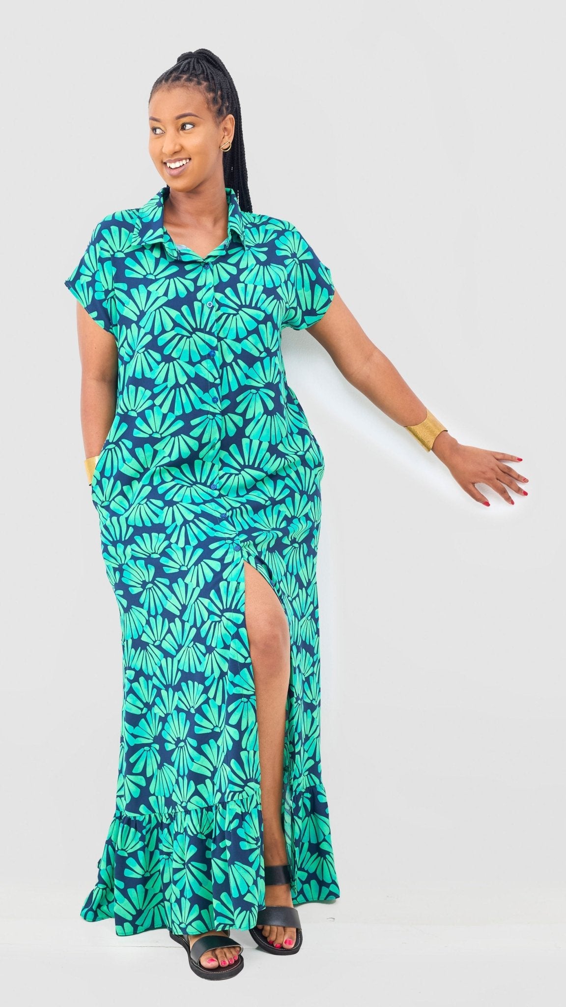 Vivo Maisha Drop Shoulder Maxi Dress - Lime / Navy Mai Print - Shopzetu