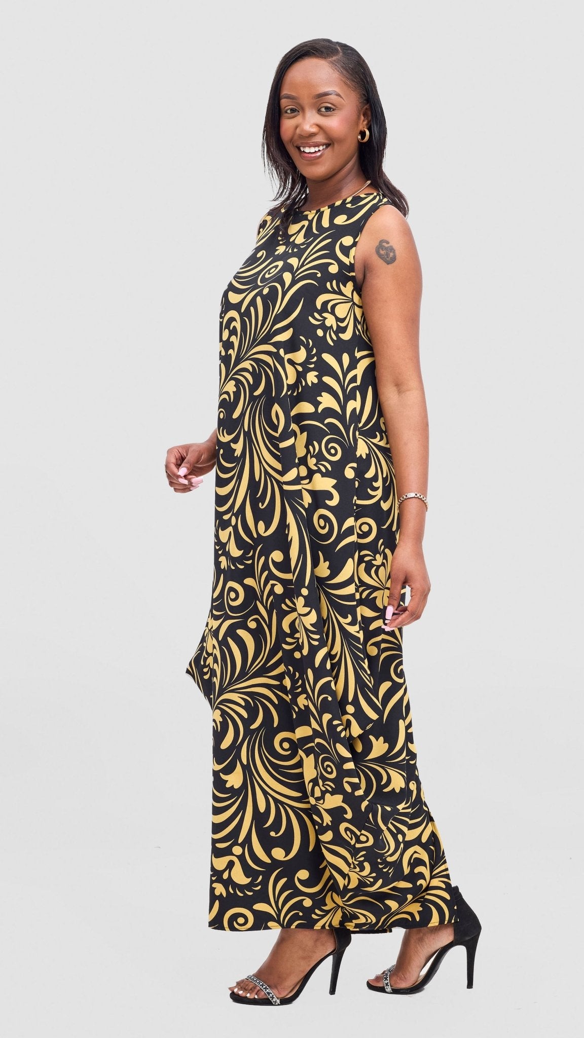 Vivo Seli Maxi Dress - Black / Olive Print - Shopzetu