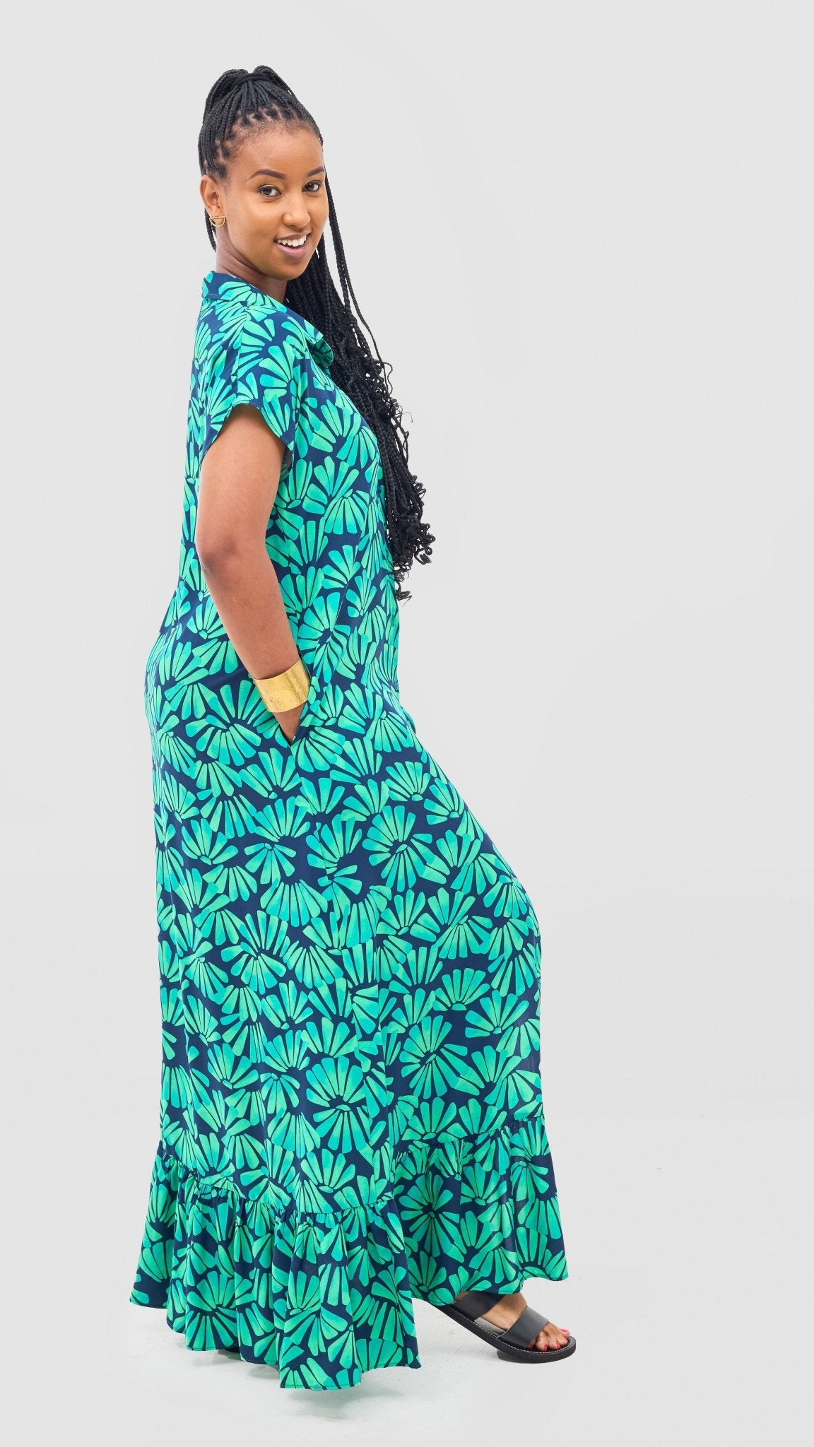 Vivo Maisha Drop Shoulder Maxi Dress - Lime / Navy Mai Print - Shopzetu