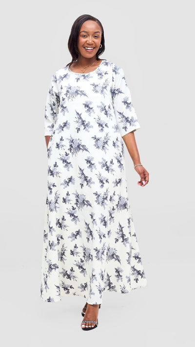 Vivo Maisha 3/4 Sleeve Maxi Dress - White / Grey Floral Print - Shopzetu