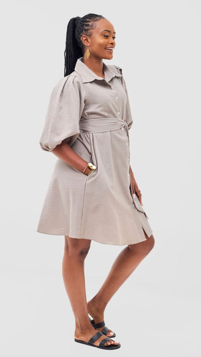Safari Naledi 3/4 Sleeve Tent Dress - Taupe Puff Stripes - Shopzetu