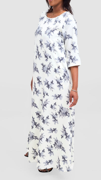 Vivo Maisha 3/4 Sleeve Maxi Dress - White / Grey Floral Print - Shopzetu
