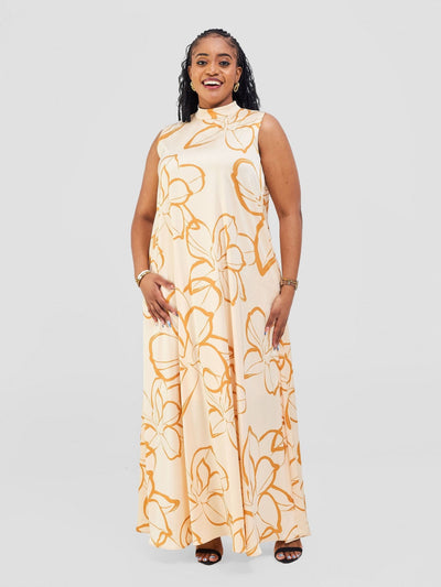 Vivo Thando Mock Neck Maxi Dress - Buttermilk / Mustard Ruvu Print - Shopzetu