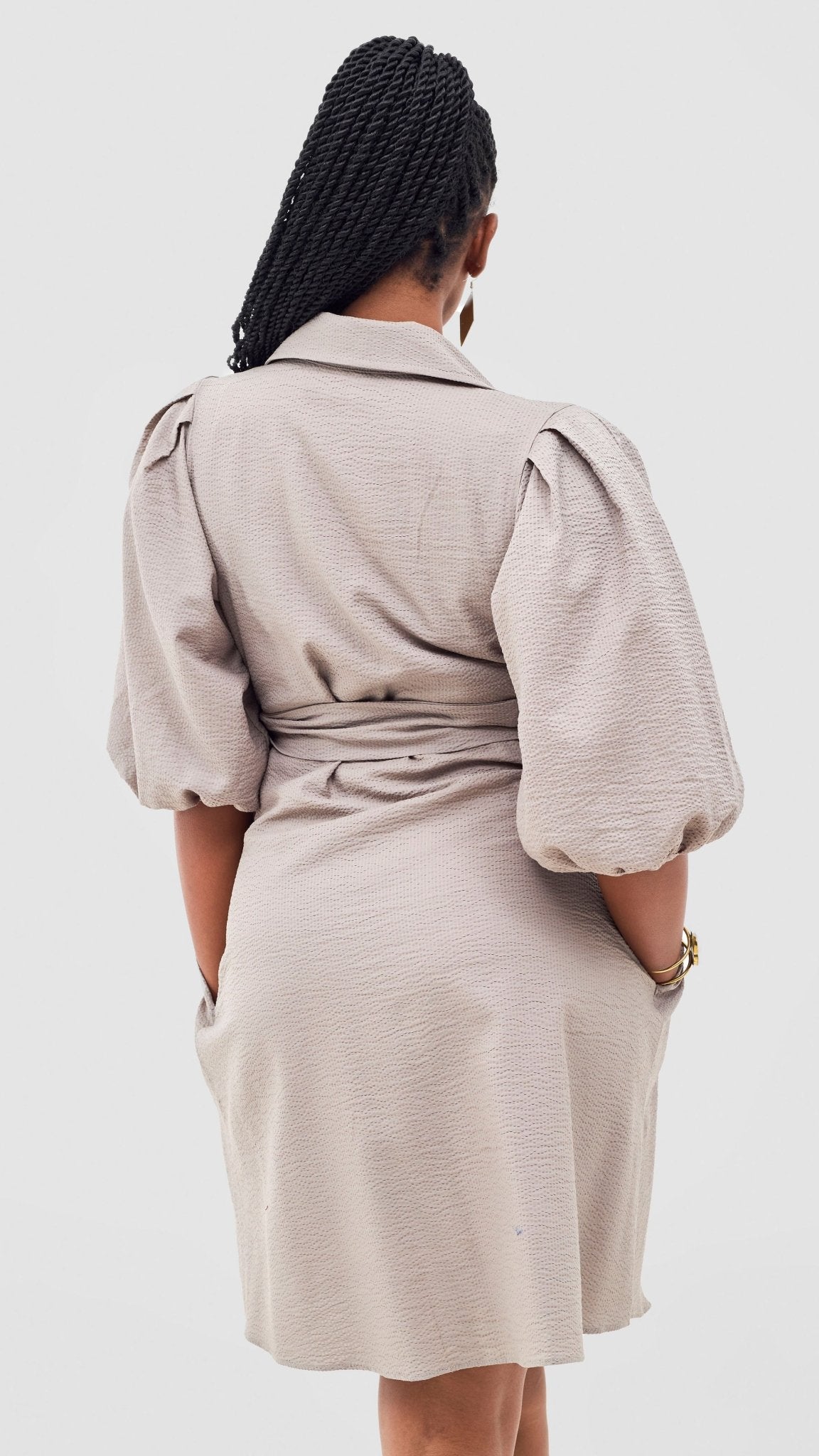 Safari Naledi 3/4 Sleeve Tent Dress - Taupe Puff Stripes - Shopzetu
