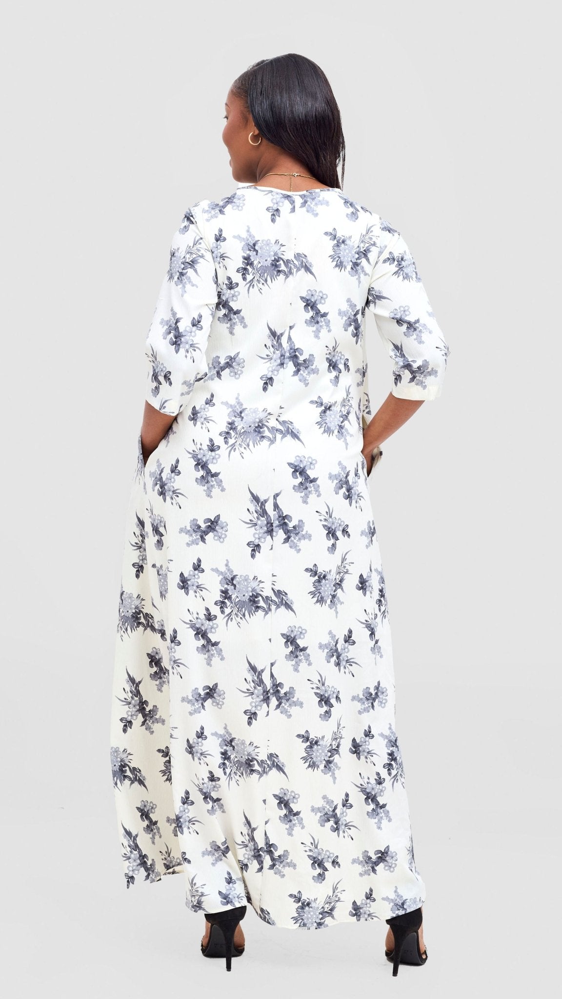 Vivo Maisha 3/4 Sleeve Maxi Dress - White / Grey Floral Print - Shopzetu