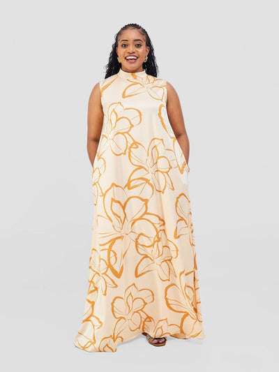 Vivo Thando Mock Neck Maxi Dress - Buttermilk / Mustard Ruvu Print - Shopzetu